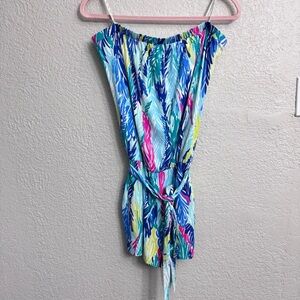 Lilly Pulitzer Strapless Tie Waist Feather Print Romper Size L